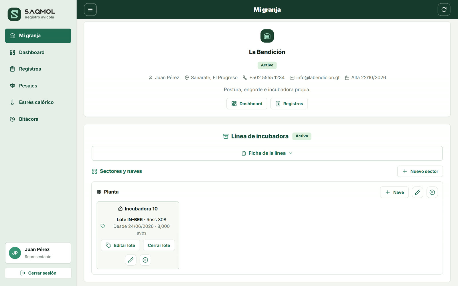 Mi granja: datos de la granja y la línea de incubadora