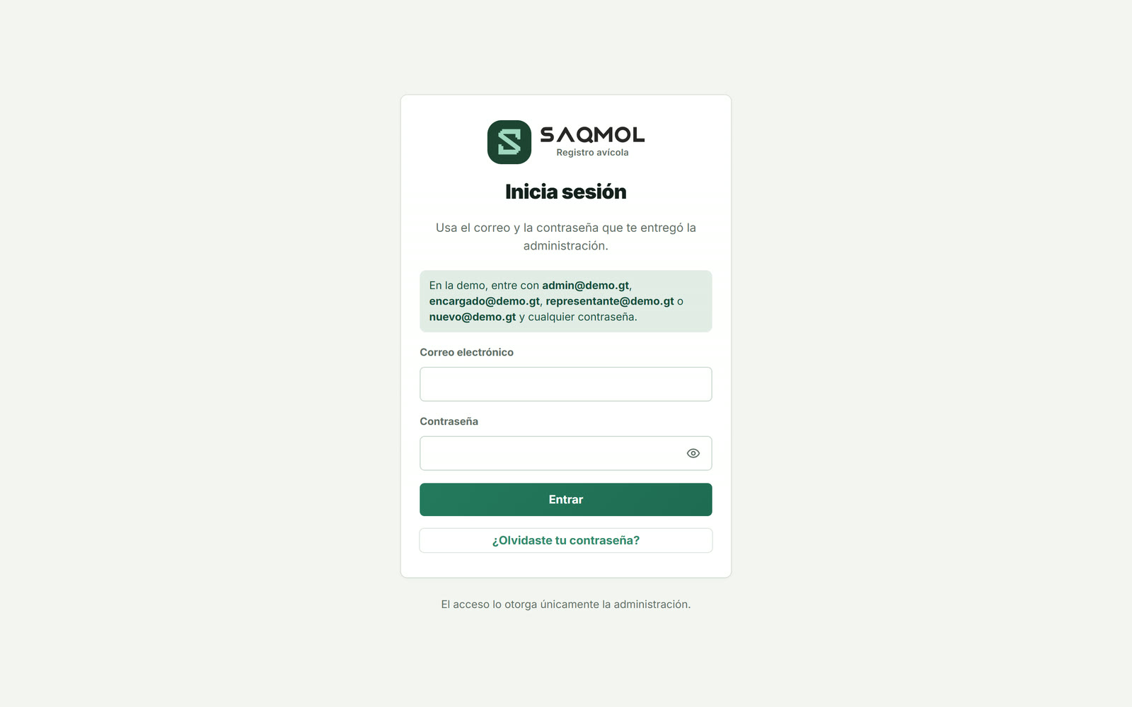 Pantalla de inicio de sesión
