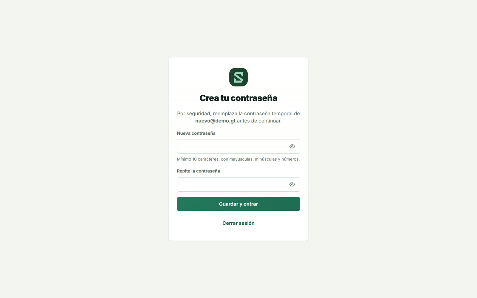 Pantalla para crear la contraseña propia en el primer ingreso