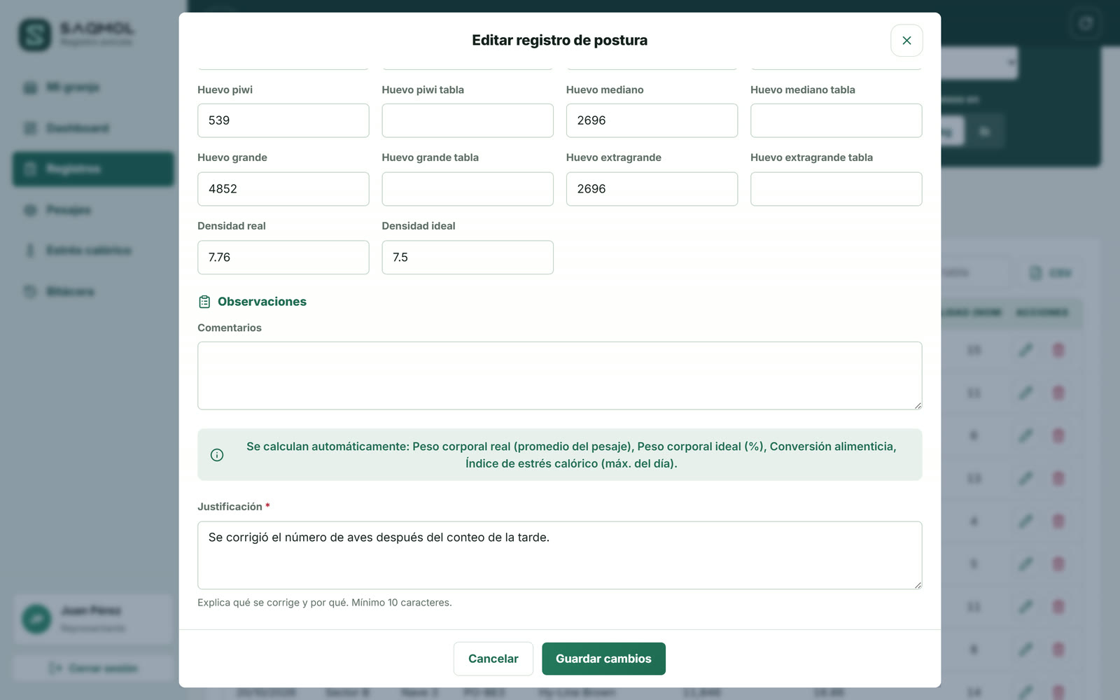 Edición de un registro con justificación