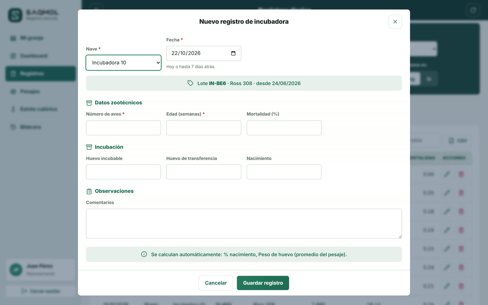 Formulario de registro de incubadora