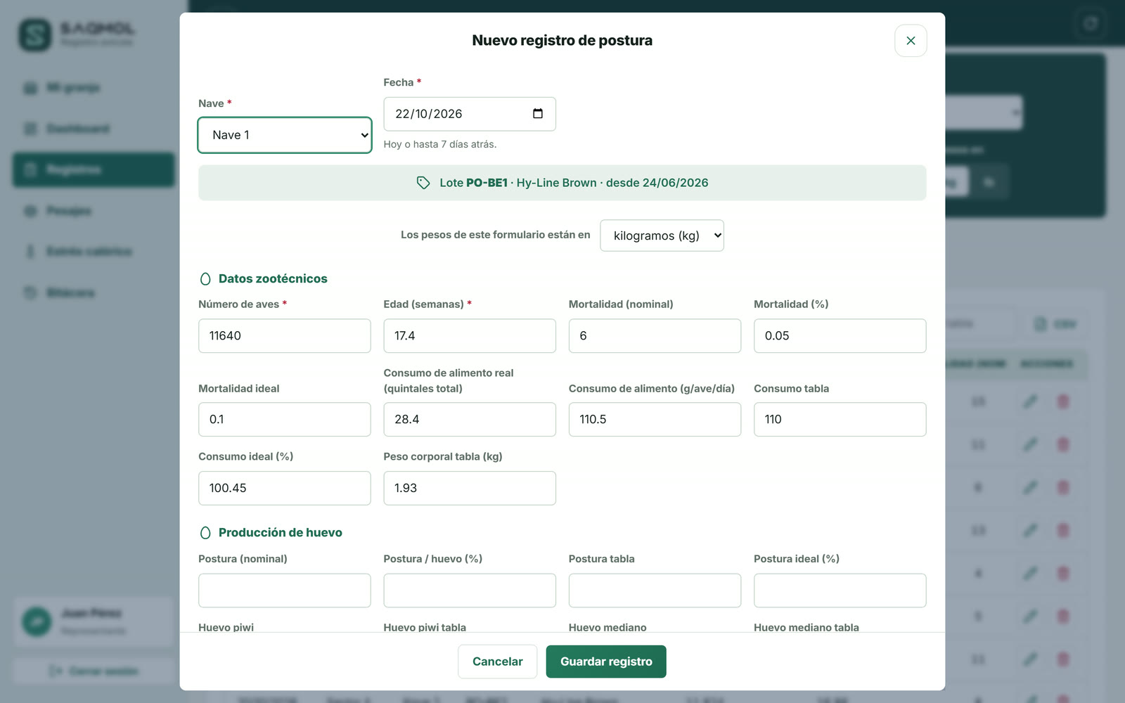 Formulario de registro diario de postura